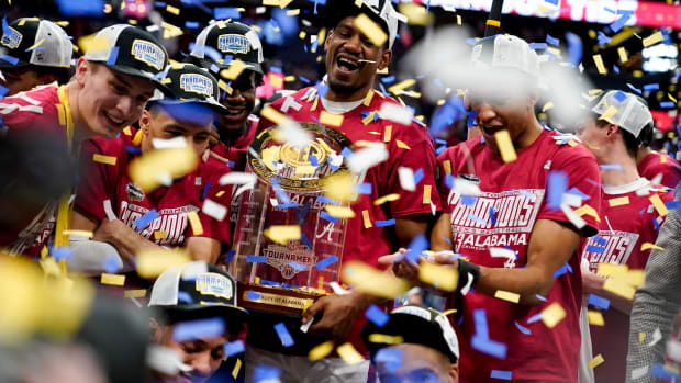 Alabama players celebrate winning the championship SEC Men s Basketball Tournament game over Texas A&M at Bridgestone Arena Sunday, March 12, 2023, in Nashville, Tenn. Sec Basketball Alabama Vs Texas A M